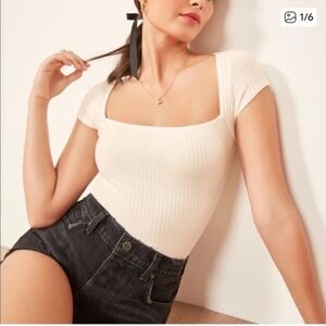 Reformation Bardot Top Cream Knit Ivory Size L square Neck Cap Sleeves